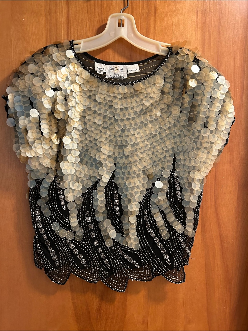 Vintage Oleg Cassini Women's Gold Sequin and Beaded Short Sleeve Top